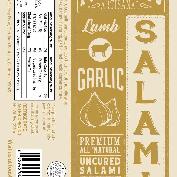 Lamb Garlic - Foustman's All-Natural Uncured Salami -8oz