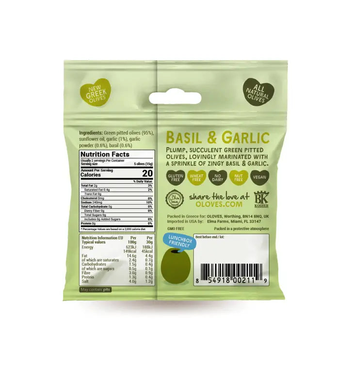 Elma Farms Oloves - Basil & Garlic Pitted Green Olives